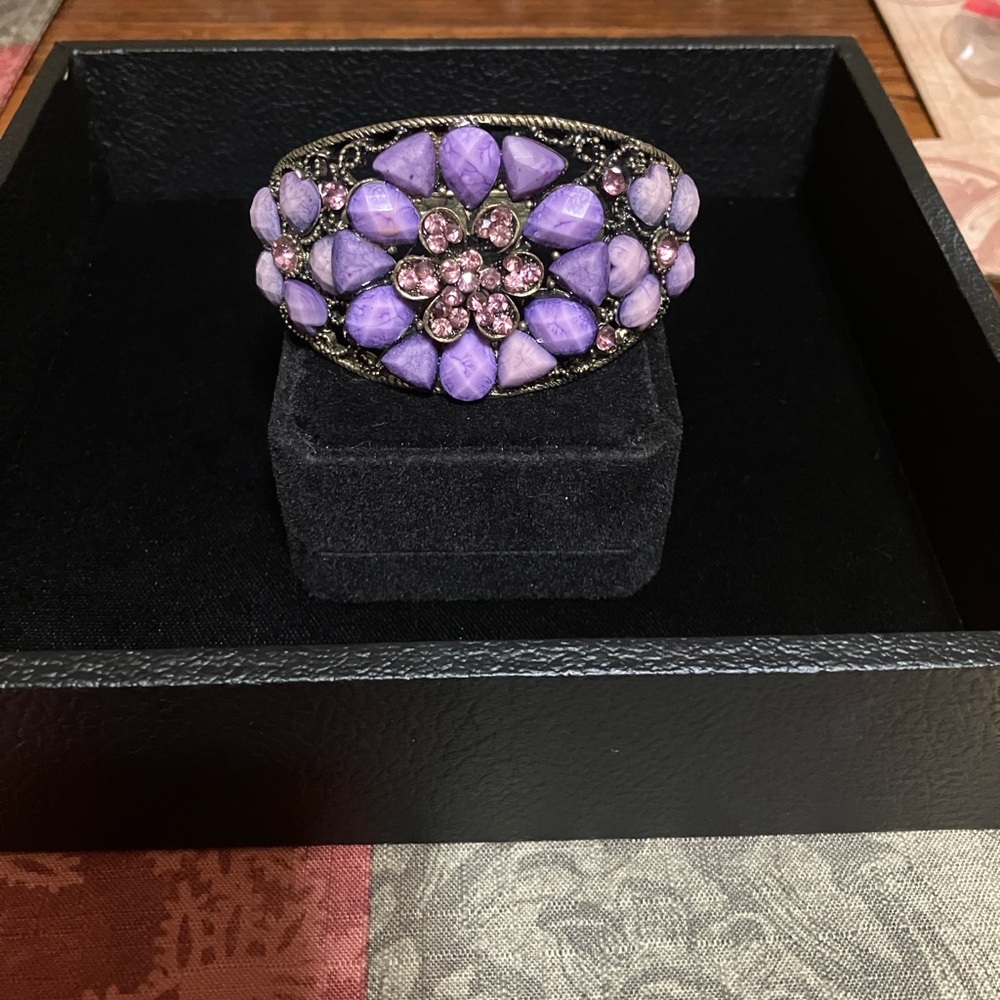 Vintage Lavender Floral Crystal Cuff Bracelet